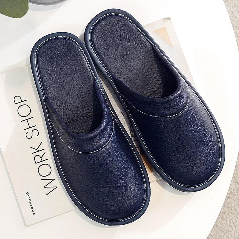Color: Lavender, Shoe Size: 4.5 - Mens Bedroom Leather Slippers Unisex Black Home Shoes Big Size 47 48 Man's Slippers Indoor Comfy Males Slides Family Flats Shoes