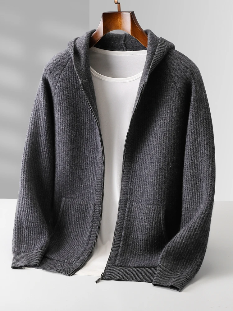 Color: black, Size: L - Daily Clothes Autumn Winter Sweater Men's Coat 100% Merino Wool Sweater Cardigan Knitted Jacket Thicked Hooded Outerwears Trend