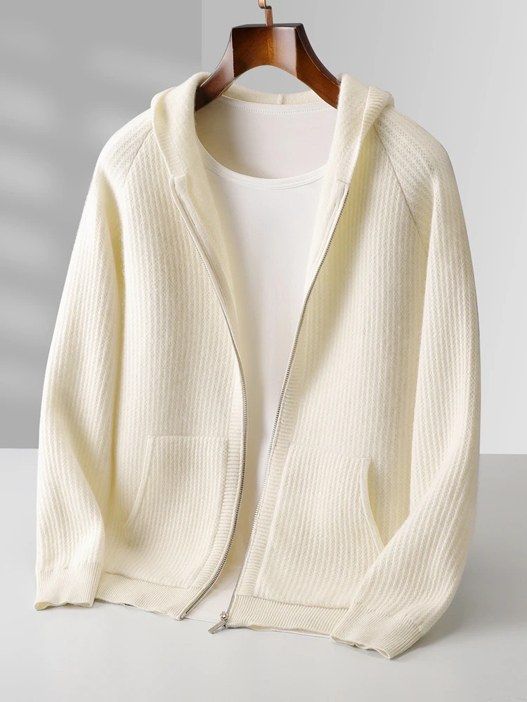 Color: black, Size: L - Daily Clothes Autumn Winter Sweater Men's Coat 100% Merino Wool Sweater Cardigan Knitted Jacket Thicked Hooded Outerwears Trend