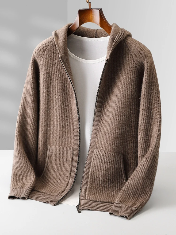 Color: black, Size: L - Daily Clothes Autumn Winter Sweater Men's Coat 100% Merino Wool Sweater Cardigan Knitted Jacket Thicked Hooded Outerwears Trend