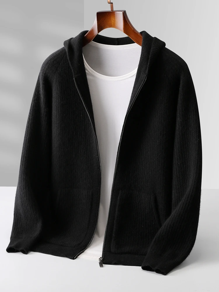 Color: black, Size: L - Daily Clothes Autumn Winter Sweater Men's Coat 100% Merino Wool Sweater Cardigan Knitted Jacket Thicked Hooded Outerwears Trend
