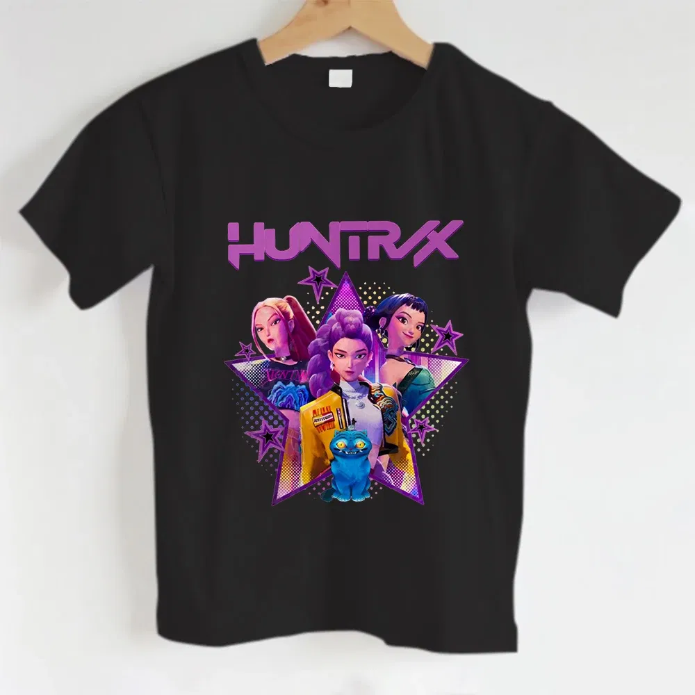 Color: Blue, Kid Size: 12 - KPOP Hunters Anime series pattern Girl T-shirt, Huntrix girl Group cute T-shirt