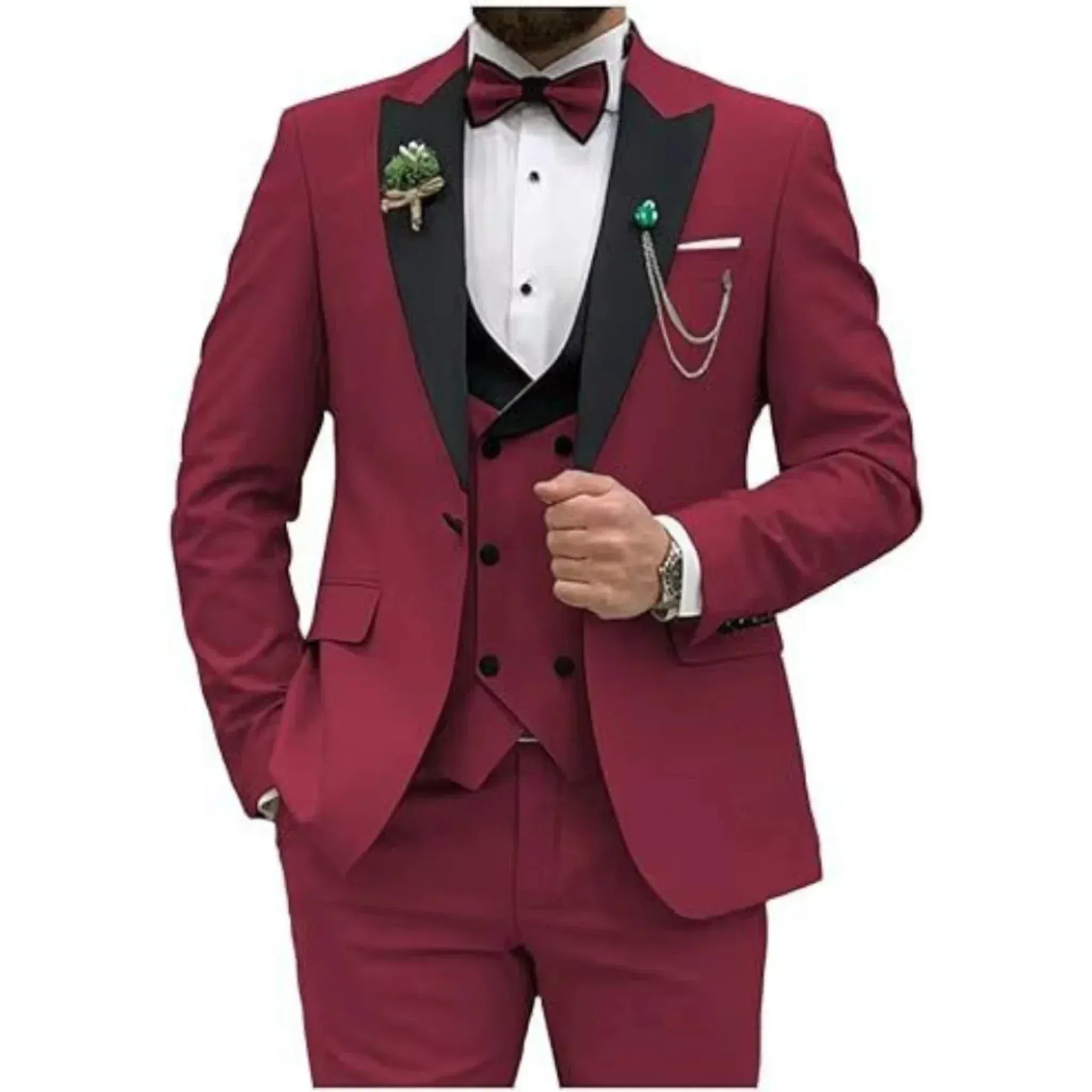 Color: Burgundy, Size: XXS - Men Suit Colorful Luxury Blazer Vest And Pant Sets 3 Piece Birthday Dress Business Prom Evening Party Costumes High Quality