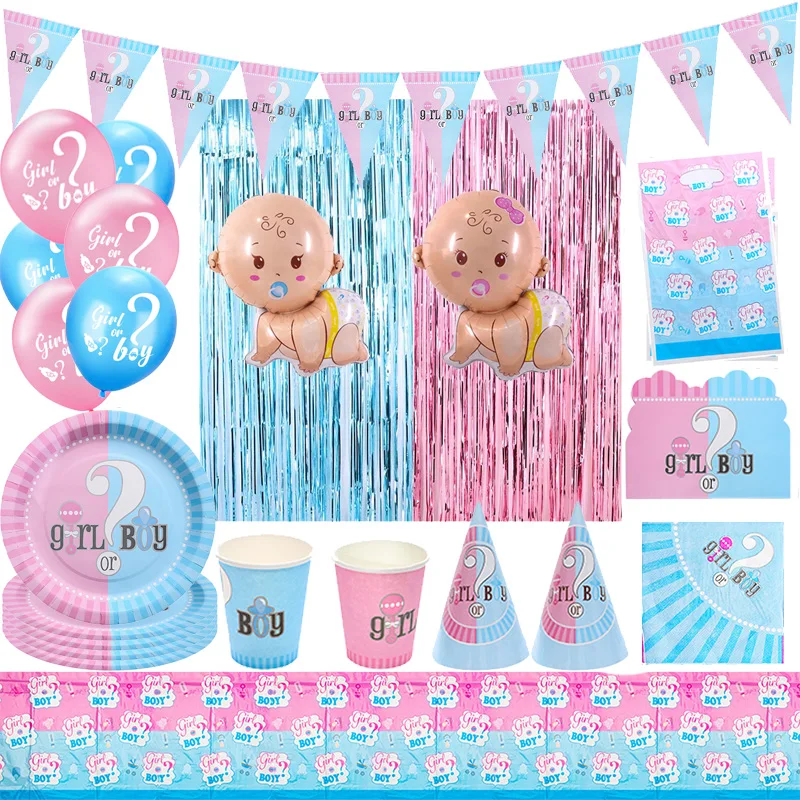 Color: DEEP BLUE - Gender Reveal Party Decorations Disposable Tableware Plates Cups Napkins Tablecloth Boy Girl Balloon Fringe Curtain