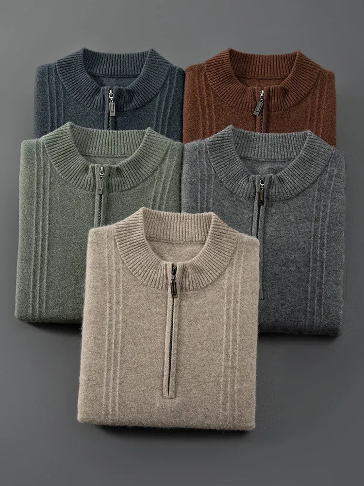 Color: Brown, Size: M - Men's Sweater Pullover Autumn Winter Sweater Warm Clothing 100% Cashmere Business Long Sleeve Classic Quality Mock Neck Knit Top