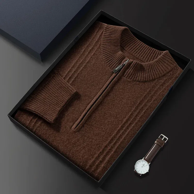 Color: Brown, Size: M - Men's Sweater Pullover Autumn Winter Sweater Warm Clothing 100% Cashmere Business Long Sleeve Classic Quality Mock Neck Knit Top