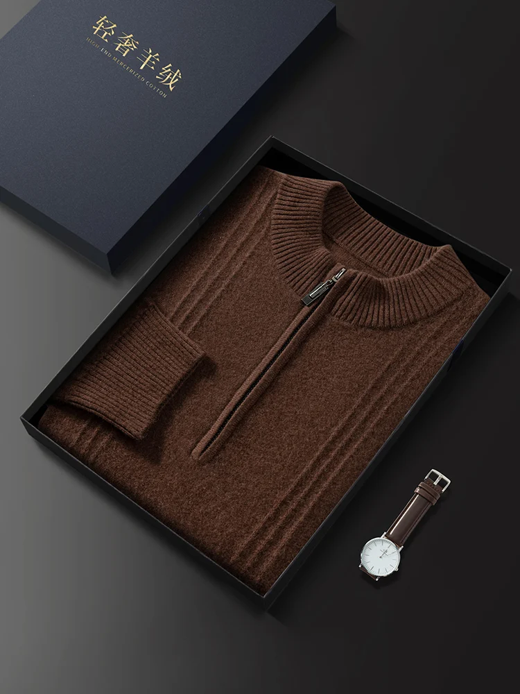 Color: Brown, Size: M - Men's Sweater Pullover Autumn Winter Sweater Warm Clothing 100% Cashmere Business Long Sleeve Classic Quality Mock Neck Knit Top