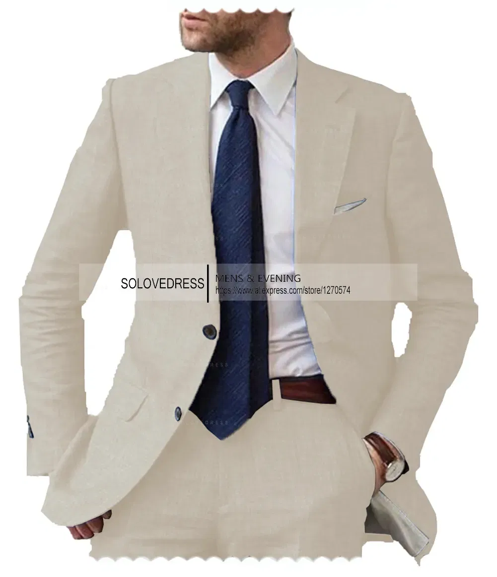 Color: Beige, Size: One Size - Men's 2-Piece Linen Suit Casual Slim Fit Vintage Suits Groomsmen Tuxedos Wedding Summer Beach Blazer Pants Set