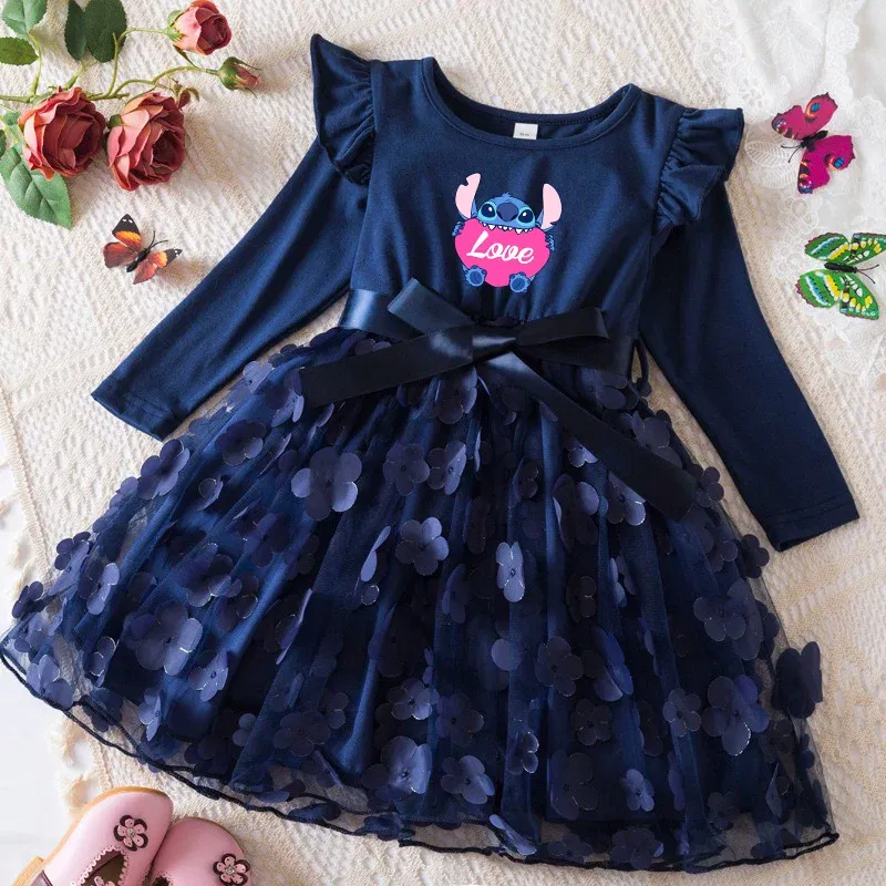 Color: Light Grey, Size: One Size, Height: 170 - Lilo Stitch Girl Baby Dresses Spring Autumn Child Long Sleeve Sweet Princess Dress Mesh Newborn Casual Dress Birthday Party 2-6Y