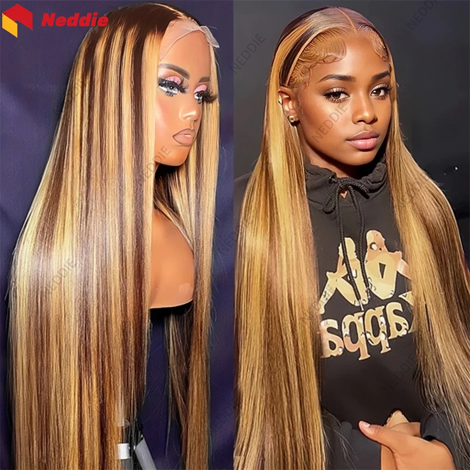 Stretched Length: 30inches, Hair Color: #4, Density: 200%, - Highlight Straight 13x6 Hd Transparent Lace Frontal Wigs Human Hair 13x4 Hd Lace Front P4/27 Colored Preplucked Wig for Women