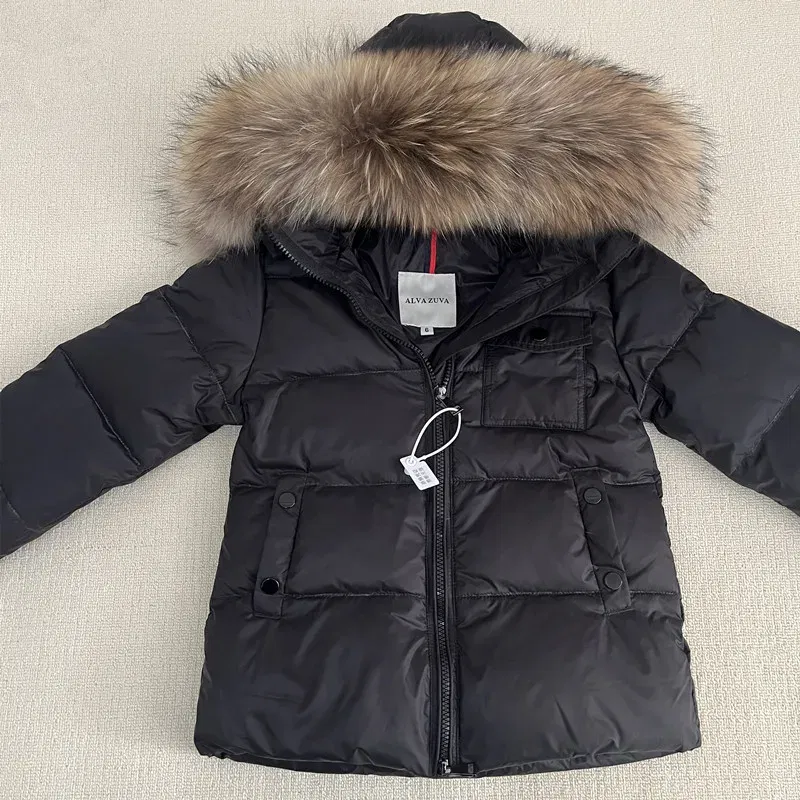 Color: Brown, Kid Size: 3T - Kids Winter Down Jacket Shiny Real Raccoon Fur Collar Toddler Boys Hooded Coat Baby Girls Warm Snowsuit Children's Parkas
