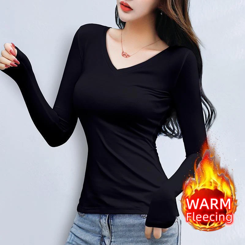 Color: Blue, Size: XL - O Neck Long Sleeve Fleeceing Heating Fiber Thermal Basic T-Shirts Women Winter Bottoming Cropped Tops Casual Skinny All-match