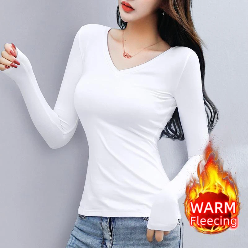 Color: Blue, Size: XL - O Neck Long Sleeve Fleeceing Heating Fiber Thermal Basic T-Shirts Women Winter Bottoming Cropped Tops Casual Skinny All-match