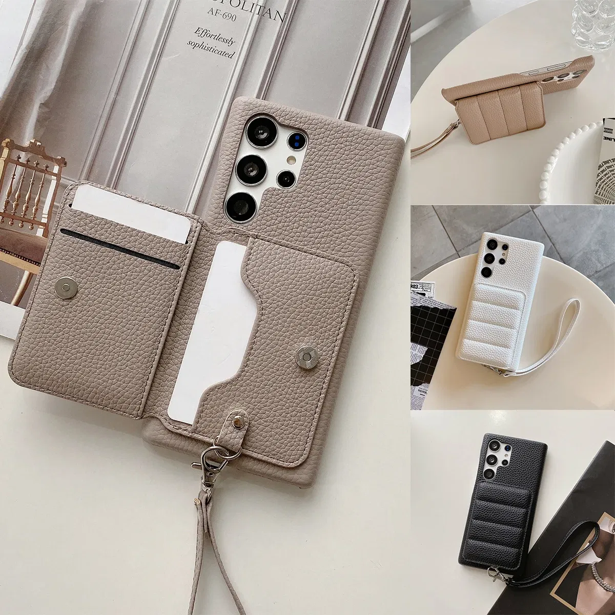 Color: GRAY, Material: Neoprene - Luxury Lanyard Wallet Case For Samsung Galaxy S21 FE S22 S23 Plus Note 20 Ultra A52 A53 A54 5G Lichee Pattern Leather Cover