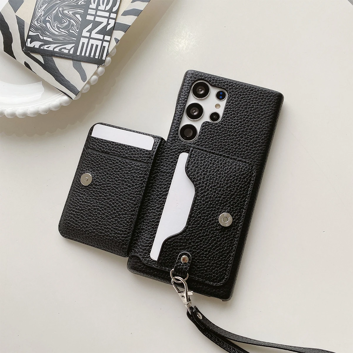 Color: GRAY, Material: Neoprene - Luxury Lanyard Wallet Case For Samsung Galaxy S21 FE S22 S23 Plus Note 20 Ultra A52 A53 A54 5G Lichee Pattern Leather Cover