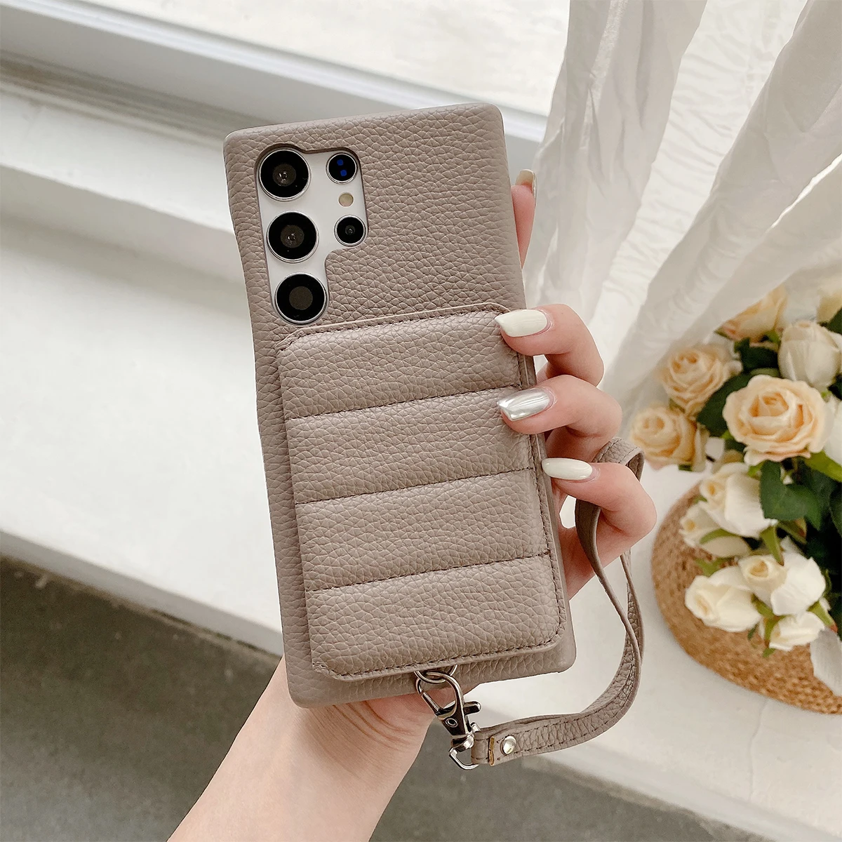 Color: GRAY, Material: Neoprene - Luxury Lanyard Wallet Case For Samsung Galaxy S21 FE S22 S23 Plus Note 20 Ultra A52 A53 A54 5G Lichee Pattern Leather Cover