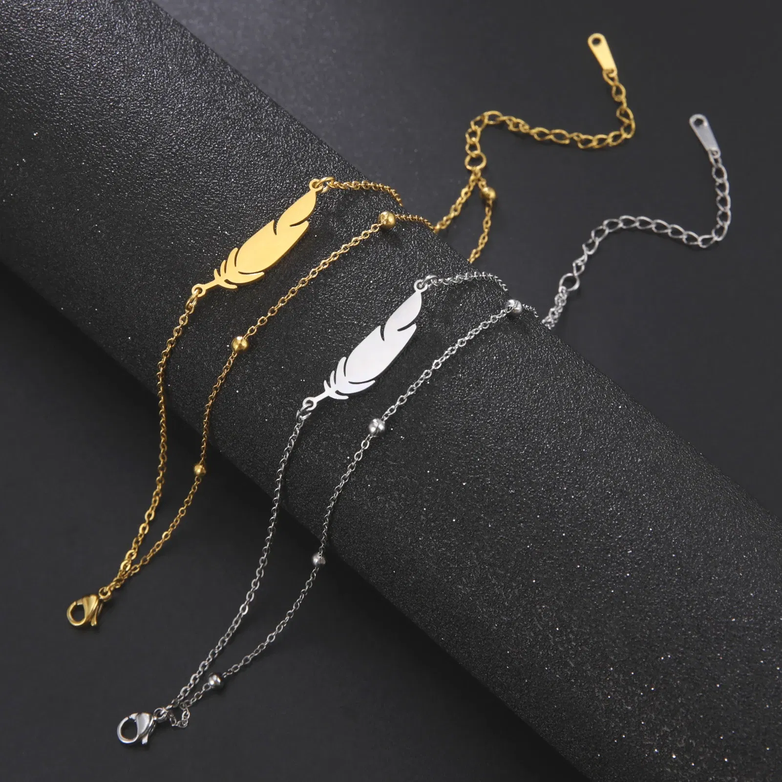 Metal Color: Titanium Plated - Kkjoy Ankles of Women Men Silver Color Feather Stainless Steel Double Foot Chain Beach Style Trendy Female Jewelry Accessories