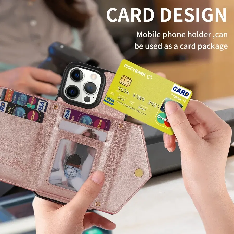 Color: Blue, Material: Acrylic - Wallet Side Card Zipper Flip Crossbody Leather Case For iPhone 15 14 Pro Max 13 Mini 12 11 SE 2022 2020 X XS XR 8 7 6 6s Plus