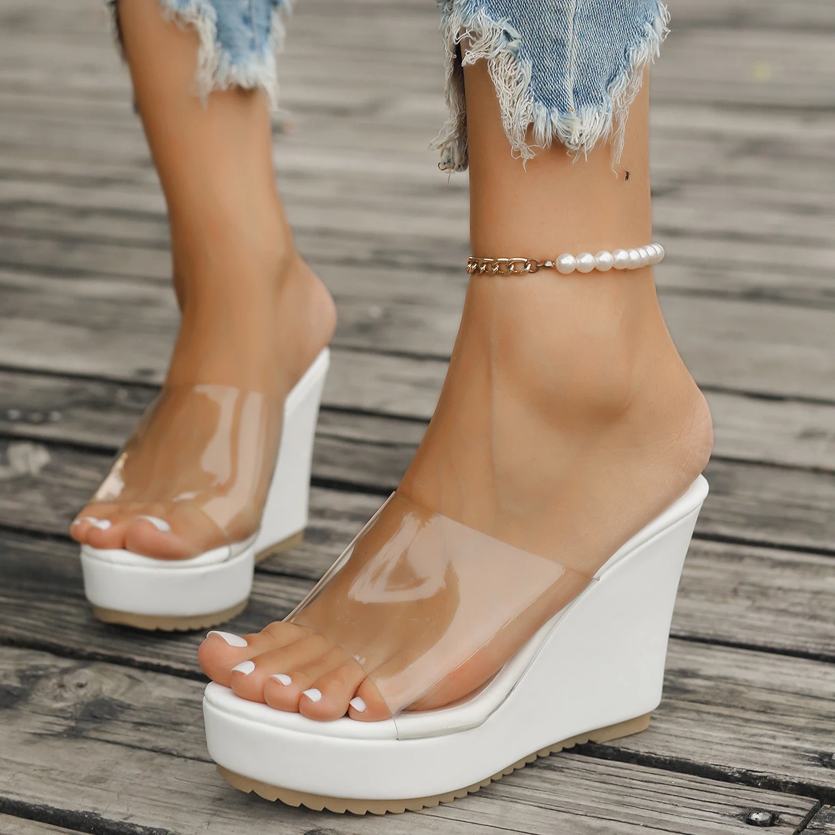 Color: black, Shoe Size: 37 - 2024 Women Sandals New Casual Heels Woman Transparent Platform Wedges Non-slip Shoes Ladies Summer High Heel Large Size 35~43