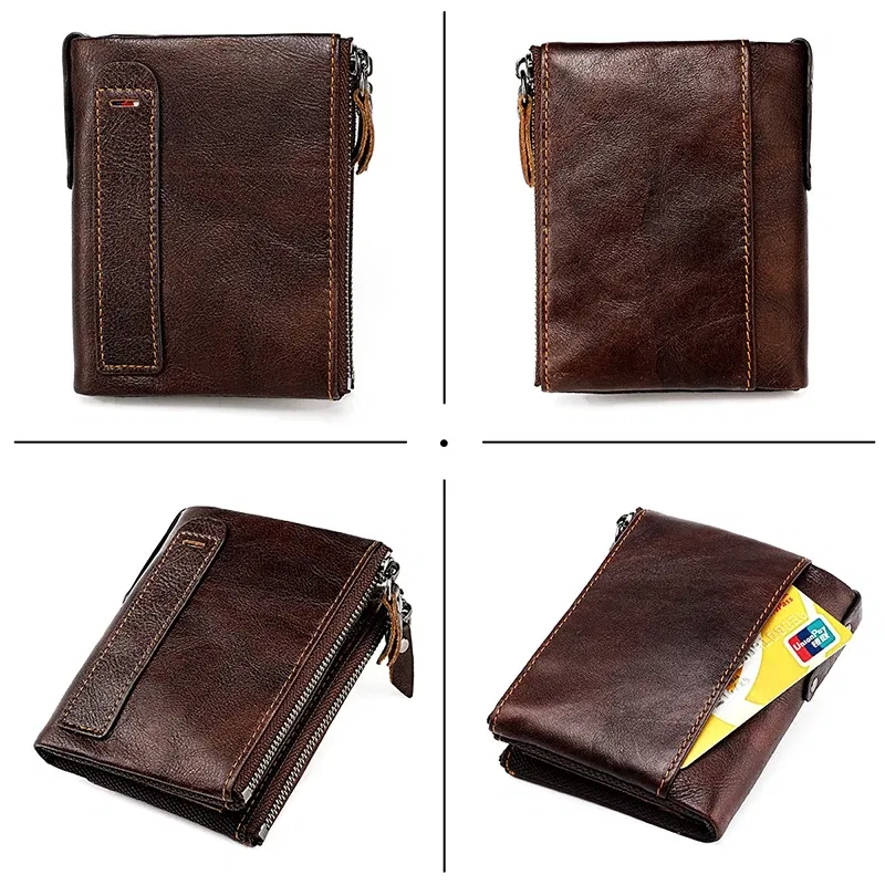 Color: Brown - Genuine Leather Short Men RFID Wallets Name Engraving Leather Card Holder Brand Men Purse Retro Coin Pocket Zipper Male Wallet