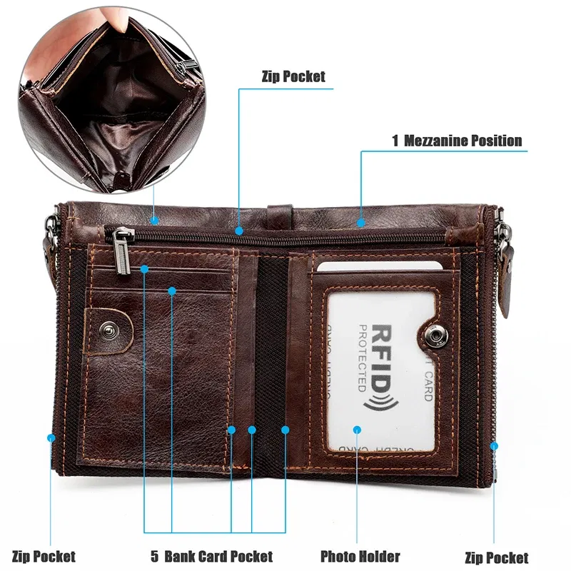 Color: Brown - Genuine Leather Short Men RFID Wallets Name Engraving Leather Card Holder Brand Men Purse Retro Coin Pocket Zipper Male Wallet