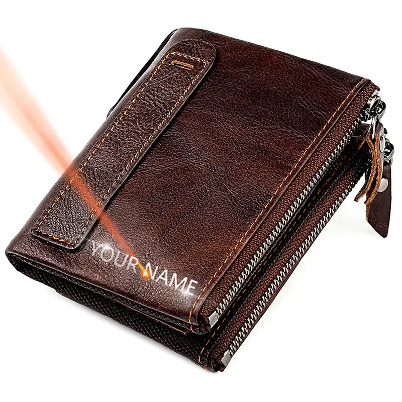 Color: Brown - Genuine Leather Short Men RFID Wallets Name Engraving Leather Card Holder Brand Men Purse Retro Coin Pocket Zipper Male Wallet