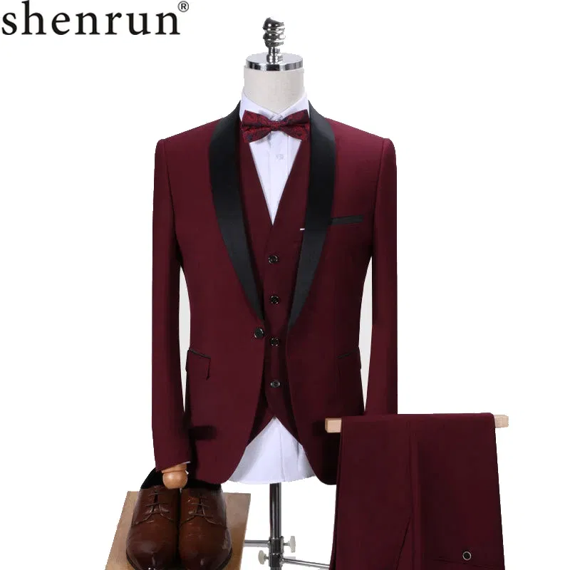 Color: Red, Size: XXL - Shenrun Men Tuxedo Slim Fit Fashion Suit Wedding Shawl Lapel 3 Pieces Skinny Single Breasted Jacket Party Prom Singer Costume