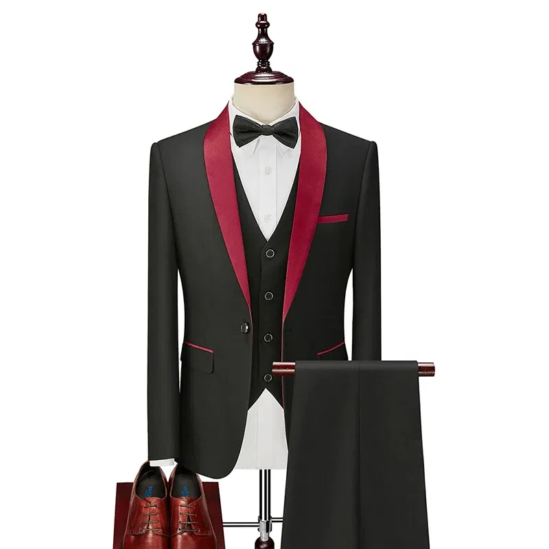 Color: Red, Size: XXL - Shenrun Men Tuxedo Slim Fit Fashion Suit Wedding Shawl Lapel 3 Pieces Skinny Single Breasted Jacket Party Prom Singer Costume