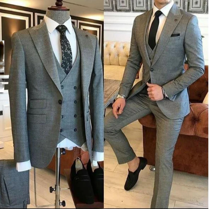 Color: Ivory, Size: XXXL, - Groom Wear 3 Pieces Gray Men Suits 2021 Slim Fit Peak Lapel One Button Tailor Made Terno Masculino (Jacket+Pants+Vest+Tie?‰