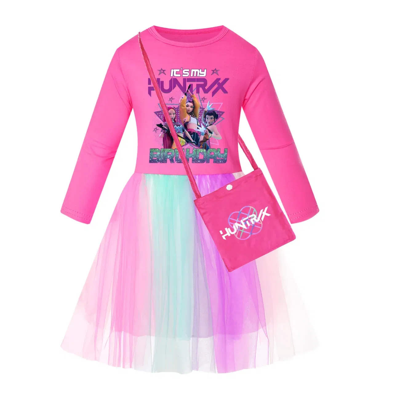 Color: Brown, Kid Size: 4 - KPop Demon Hunters Kids Clothes Long Slevess Dresses Cotton Rainbow Full Dress Teen Fashion Girl's Clothing Party Clothes 5001