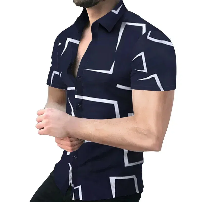 Color: Gold, Size: 5XL - 3D Men's Striped Printed Short Sleeve Shirt, Fashionable And Casual Loose Shirt, 2023 New Style.