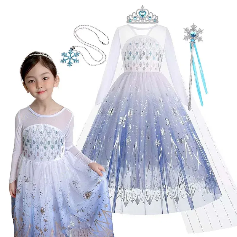 Kid Size: 5, Color: WHITE - Disney Frozen Anna Elsa Girls Princess Dresses Mesh Sequin Dress Kids Cosplay Snow Queen Costumes Carnival Birthday Party Gowns