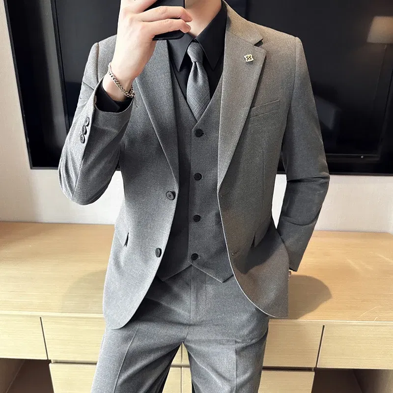 Color: Ivory, Size: 6XL, - (Jacket+Vest+Pant) Plus Size 7XL-S Men Suit Formal Business Work Wedding Stage Tuxedo Fashion Men Slim Social Formal Suit 3 Pcs