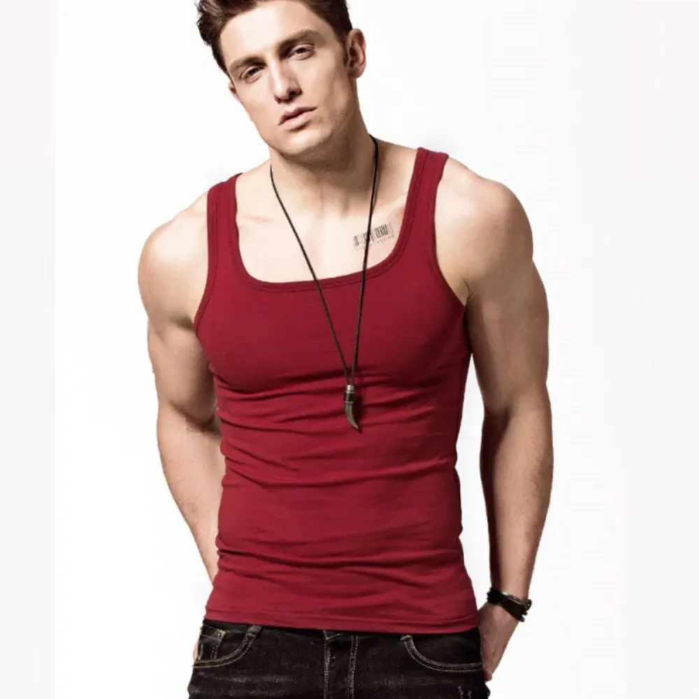 Color: Burgundy, Size: L - 2024 Summer Plus Size Men Clothing Tank Tops Black White Gray Singlets Sleeveless Fitness Men Vest Casual Bodybuilding Vest New