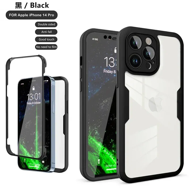 Color: black, Compatible-Phone Models: For iPhone 14 Plus, Ships From: CN - Clear 360 Full Wrap Phone Case For iPhone 17 Pro Max 16 15 14 13 12 11 SE2/SE3 Xr Xs 8 Plus Film With Lens Protection Back Cover