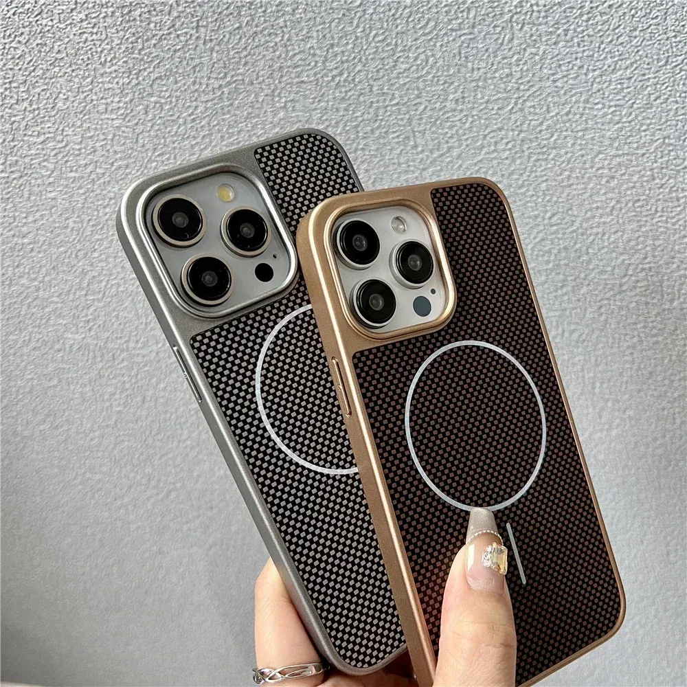 Color: Brown, Compatible-Phone Models: For iPhone 14 - Carbon Fiber Textured Magnetic Phone Case For iPhone 16 Pro Max 15 14 13 12 Shockproof Soft Cover For Magsafe Wireless Charging