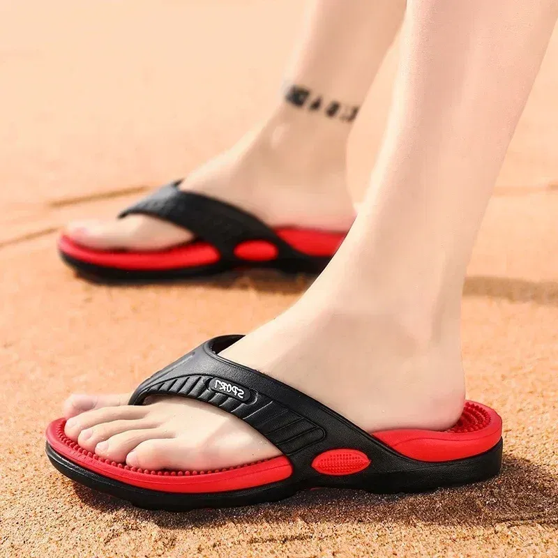 Color: Red, Shoe Size: 44 - Massage Flip Flops for Men Summer Breathable Beach Shoes Sandals Men Luxury Flip Flops Breathable Plus Plus Size Men Slippers 46