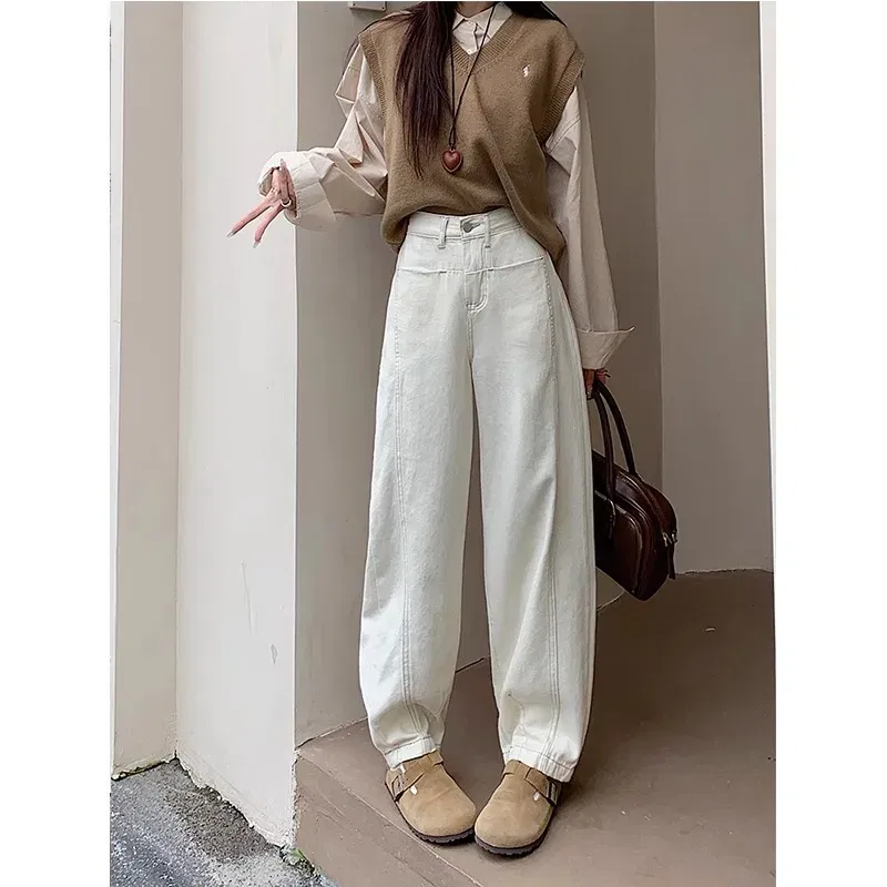 Color: Ivory, Size: XXL - Retro wide leg jeans women's 2025 new high waist small figure chubby girl versatile four seasons slimming straight leg pants
