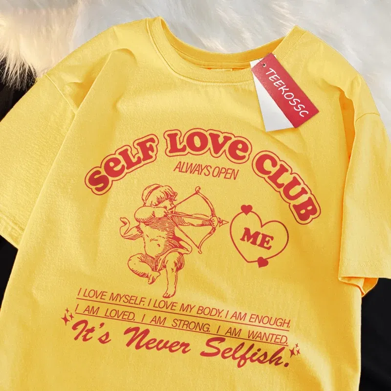 Color: WHITE, Size: L - Self Love Club Fun Cupid Men Women T Shirts Breathable Street Tee Clothes Cotton Summer Fashion Loose Casual Oversized T Shirt