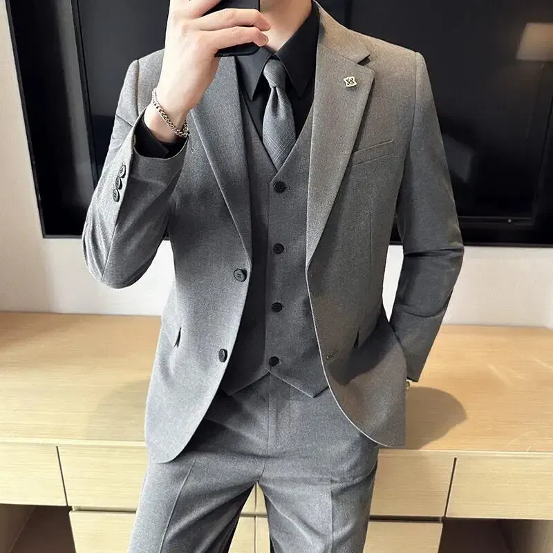 Color: Beige, Size: XXL, - (Jacket+Vest+Pant) Plus Size 7XL-S Men Suit Formal Business Work Wedding Stage Tuxedo Fashion Men Slim Social Formal Suit 3 Pcs