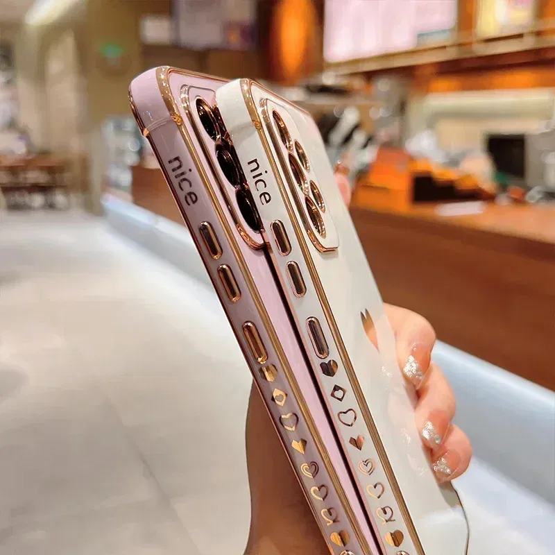 Color: Orange, Compatible-Phone Models: For iPhone XR, Ships From: CHINA - Electroplating Side Love Heart Phone Case For Samsung Galaxy S25 Ultra S24 S23 S22 A16 A55 Protect Lens Shockproof Back Cover