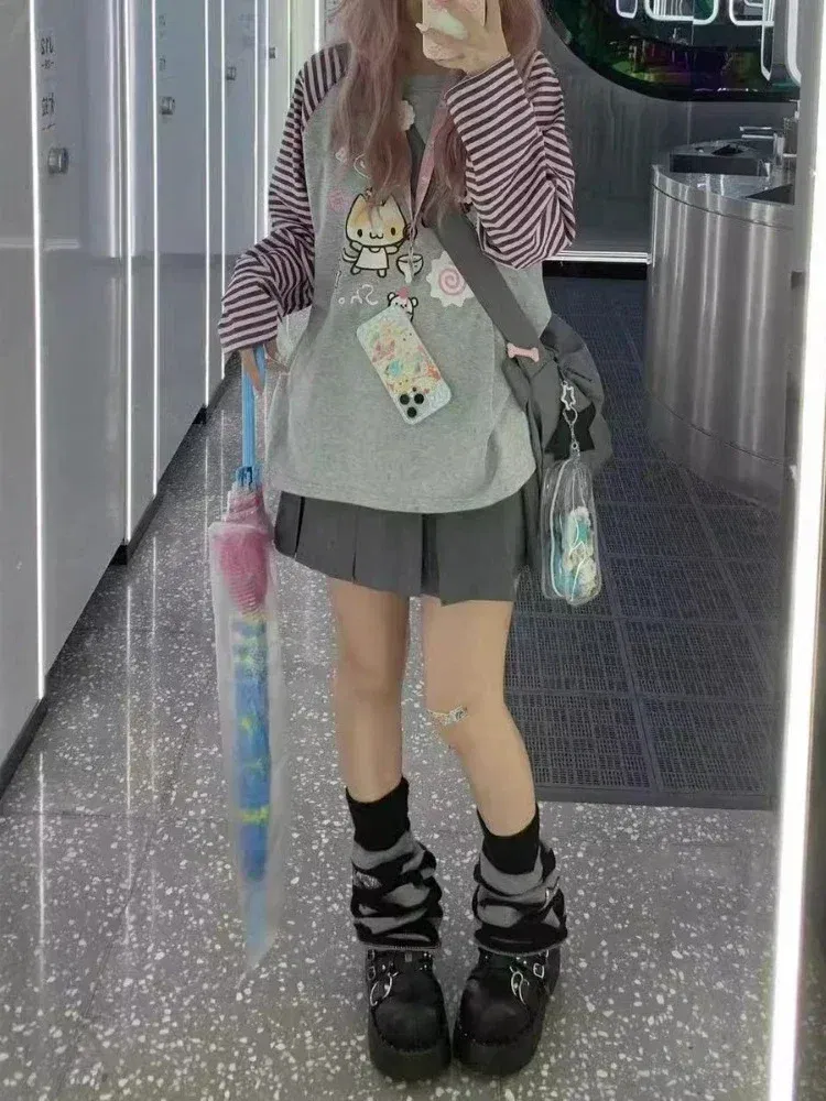 Color: Beige, Size: L - Grey Pink Striped Panda Print Long Sleeve Shirts Y2k Cartoon Japanese Harajuku Kawaii Loose Hoodie Women Spring New Tees