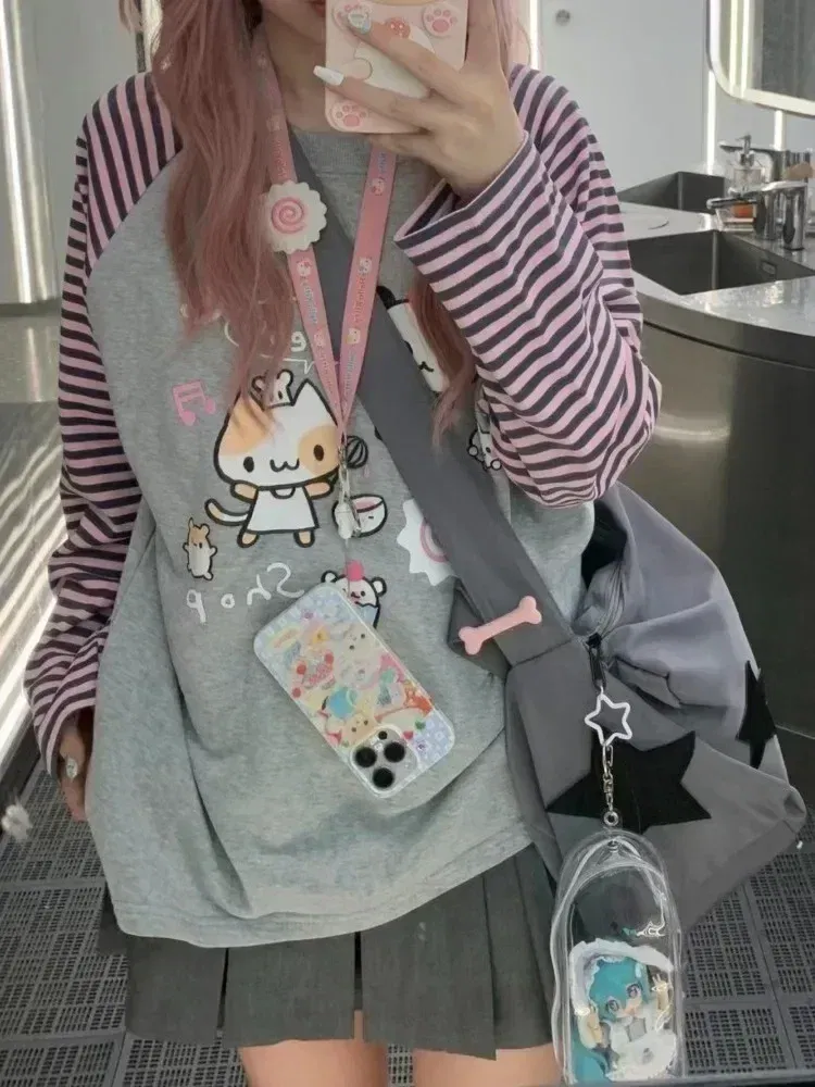 Color: Beige, Size: L - Grey Pink Striped Panda Print Long Sleeve Shirts Y2k Cartoon Japanese Harajuku Kawaii Loose Hoodie Women Spring New Tees