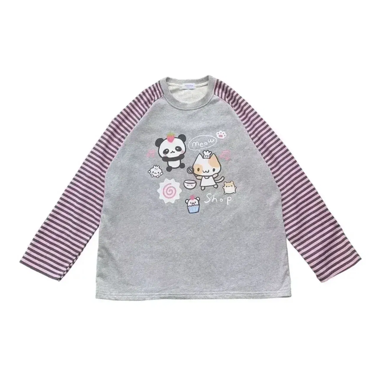 Color: Beige, Size: L - Grey Pink Striped Panda Print Long Sleeve Shirts Y2k Cartoon Japanese Harajuku Kawaii Loose Hoodie Women Spring New Tees