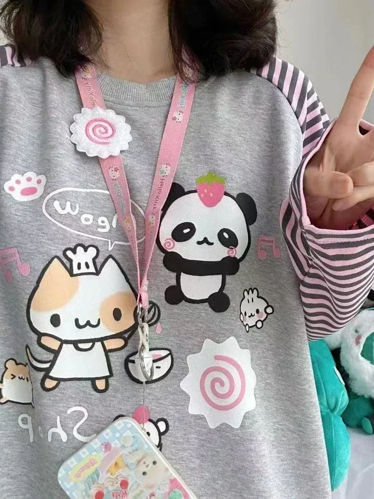 Color: Beige, Size: L - Grey Pink Striped Panda Print Long Sleeve Shirts Y2k Cartoon Japanese Harajuku Kawaii Loose Hoodie Women Spring New Tees