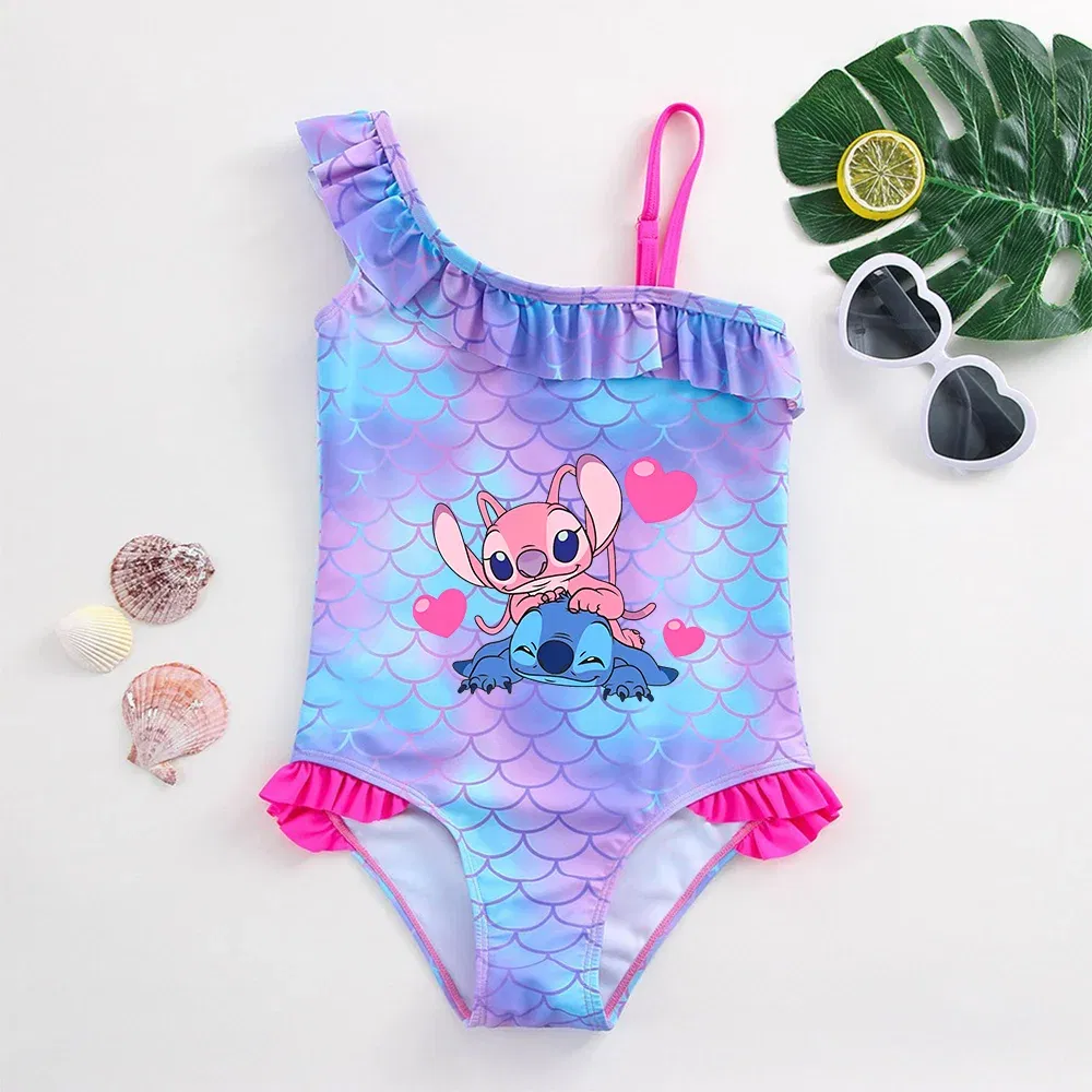 Color: Red, Size: XS - Stitch Girls Swimsuit Fashion Mermaid Fish Scale One-Piece Bathing Suits Children's Dresses Summer Swimwear Beach Suit Kids Wear