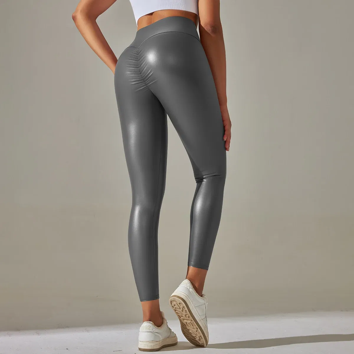 Color: Beige, Size: S - PU Leather Leggings Women Sexy Scrunch Butt Leggings Girls Faux Leather Pants High Waist Push Up Casual Leggings 6 Color