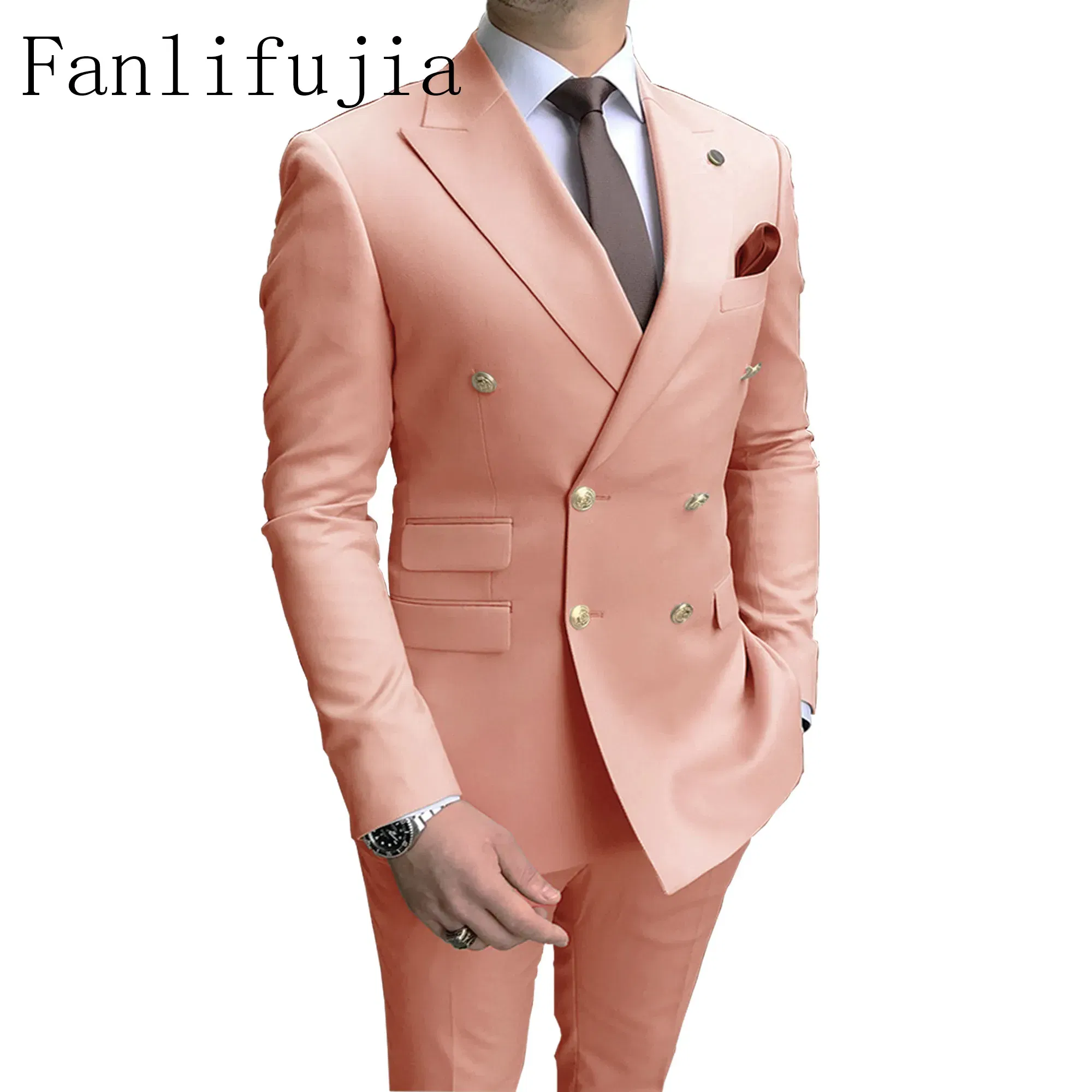 Color: WHITE, Size: 5XL - Fanlifujia Store 2024 Casual Sky Blue Men Suits Double Brested Peak Lapel Gold Button Groom Wedding Tuxedos Best Costume Homme
