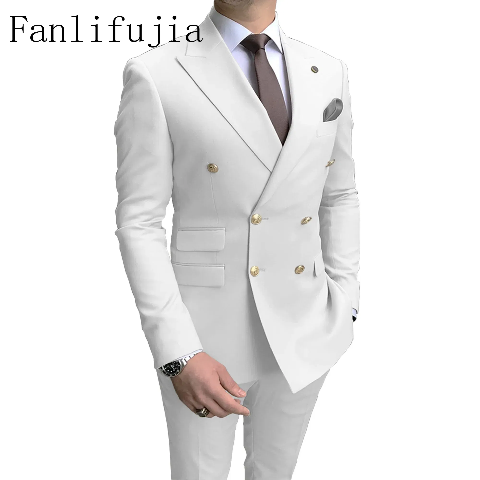 Color: WHITE, Size: 5XL - Fanlifujia Store 2024 Casual Sky Blue Men Suits Double Brested Peak Lapel Gold Button Groom Wedding Tuxedos Best Costume Homme