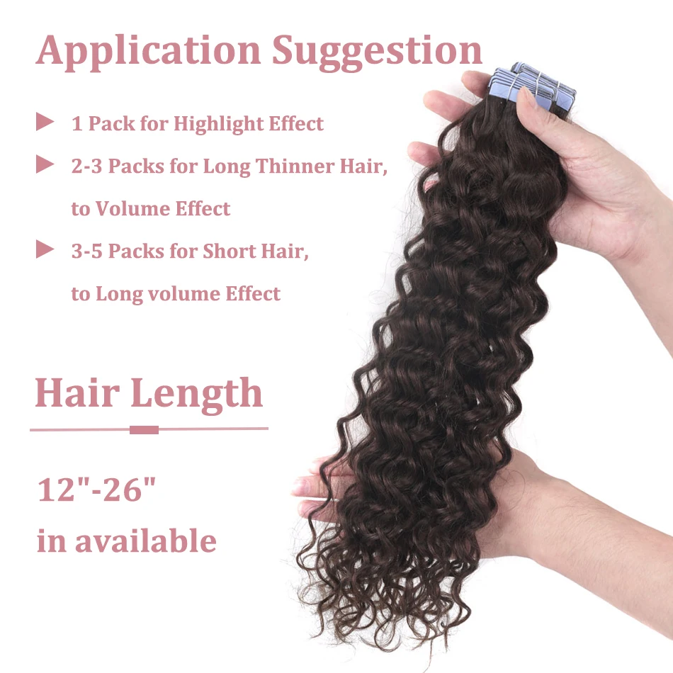 Color: #2, Length: 22 inches, Items per Package: 40 pcs - Water Wave Tape in Human Hair Extensions 2g/pcs Dark Brown Real Human Hair Adhesive Invisible Keratin Hair Extensions for Women